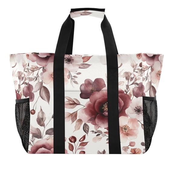 Large Hand-Held Storage Bag Kitchen Reusable Grocery Bags Travel Tote Bags Waterproof ToteLaundry BagBeach Bag Pool Bag Cartoon Maroon Flowers