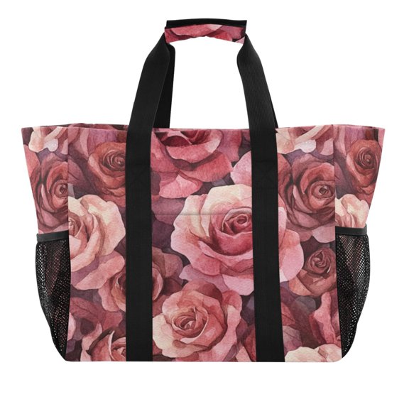 Large Hand-Held Storage Bag Kitchen Reusable Grocery Bags Travel Tote Bags Waterproof ToteLaundry BagBeach Bag Pool Bag Cartoon Maroon Roses