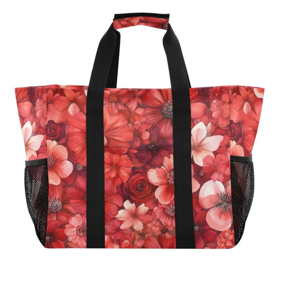 Large Hand-Held Storage Bag Kitchen Reusable Grocery Bags， Travel Tote Bags， Waterproof Tote，Laundry Bag，Beach Bag， Pool Bag Cartoon Red Flowers Seamless