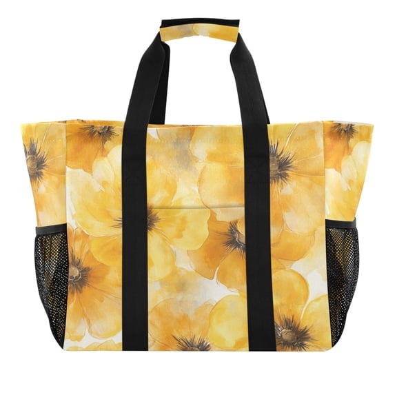 Large Hand-Held Storage Bag Kitchen Reusable Grocery Bags， Travel Tote Bags， Waterproof Tote，Laundry Bag，Beach Bag， Pool Bag Cartoon Yellow Flowers Seamless