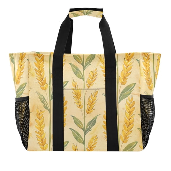 Large Hand-Held Storage Bag Kitchen Reusable Grocery Bags， Travel Tote Bags， Waterproof Tote，Laundry Bag，Beach Bag， Pool Bag Cartoon Yellow Wheat Seamless