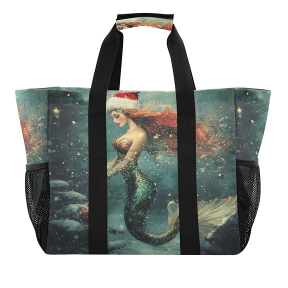 Large Hand-Held Storage Bag Kitchen Reusable Grocery Bags， Travel Tote Bags， Waterproof Tote，Laundry Bag，Beach Bag， Pool Bag Christmas Lovely Mermaid