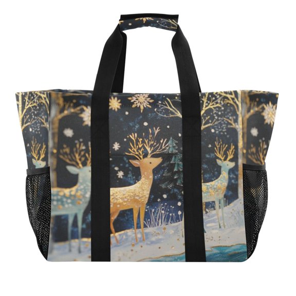 Large Hand-Held Storage Bag Kitchen Reusable Grocery Bags， Travel Tote Bags， Waterproof Tote，Laundry Bag，Beach Bag， Pool Bag Christmas Pretty Deer