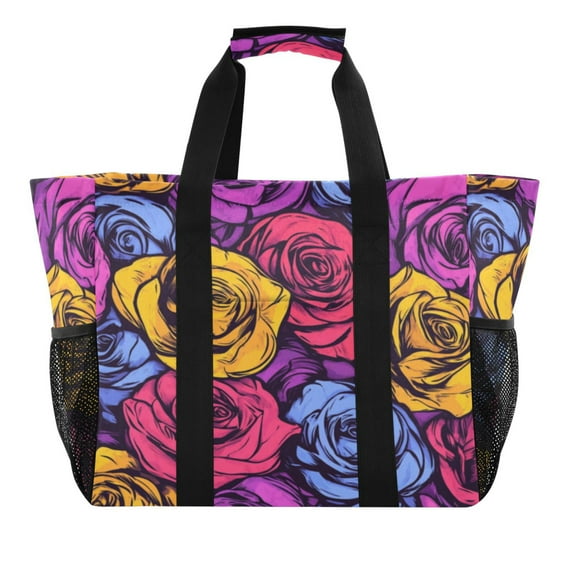 Large Hand-Held Storage Bag Kitchen Reusable Grocery Bags， Travel Tote Bags， Waterproof Tote，Laundry Bag，Beach Bag， Pool Bag Colorful Roses Seamless