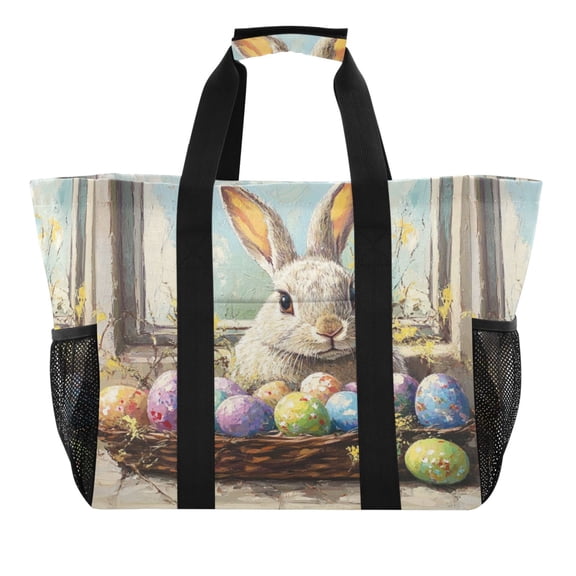 Large Hand-Held Storage Bag Kitchen Reusable Grocery Bags, Travel Tote Bags, Waterproof Tote,Laundry Bag,Beach Bag, Pool Bag Cute Easter Bunny and Eggs
