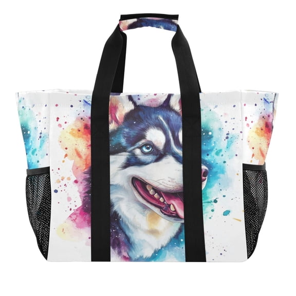 Large Hand-Held Storage Bag Kitchen Reusable Grocery Bags， Travel Tote Bags， Waterproof Tote，Laundry Bag，Beach Bag， Pool Bag Cute Husky