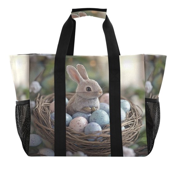 Large Hand-Held Storage Bag Kitchen Reusable Grocery Bags, Travel Tote Bags, Waterproof Tote,Laundry Bag,Beach Bag, Pool Bag Easter Bunny and Egg