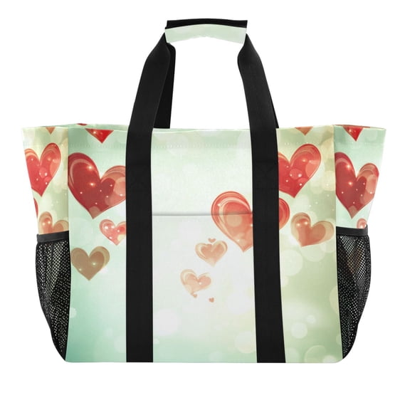 Large Hand-Held Storage Bag Kitchen Reusable Grocery Bags, Travel Tote Bags, Waterproof Tote,Laundry Bag,Beach Bag, Pool Bag Green Background Red Heart