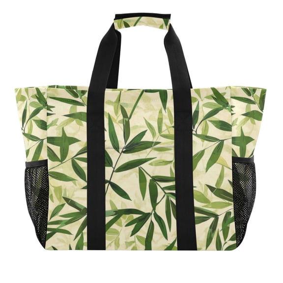 Large Hand-Held Storage Bag Kitchen Reusable Grocery Bags Travel Tote Bags Waterproof ToteLaundry BagBeach Bag Pool Bag Green Bamboo Leaf