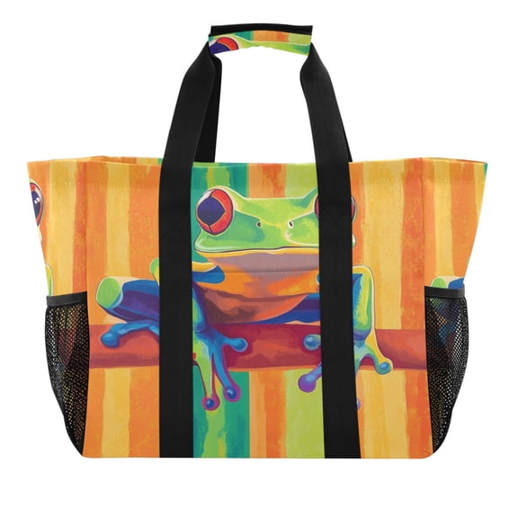 Large Hand-Held Storage Bag Kitchen Reusable Grocery Bags Travel Tote Bags Waterproof ToteLaundry BagBeach Bag Pool Bag Green Frog