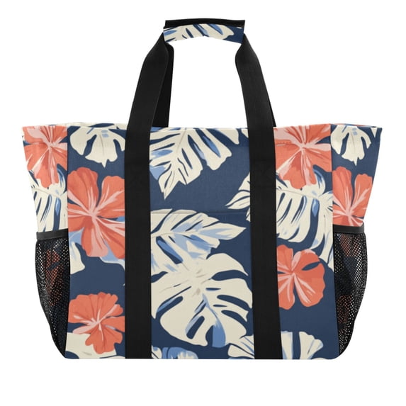 Large Hand-Held Storage Bag Kitchen Reusable Grocery Bags, Travel Tote Bags, Waterproof Tote,Laundry Bag,Beach Bag, Pool Bag Hawaiian Fower Cartoon