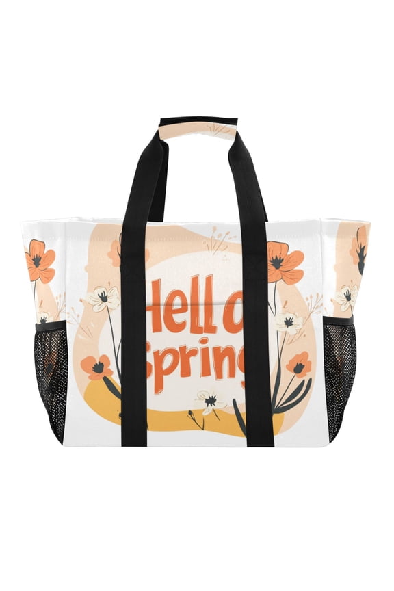 Large Hand-Held Storage Bag Kitchen Reusable Grocery Bags Travel Tote Bags Waterproof ToteLaundry BagBeach Bag Pool Bag Hello Spring Pattern