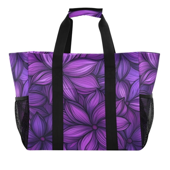Large Hand-Held Storage Bag Kitchen Reusable Grocery Bags Travel Tote Bags Waterproof ToteLaundry BagBeach Bag Pool Bag Large Purple Flower Pattern