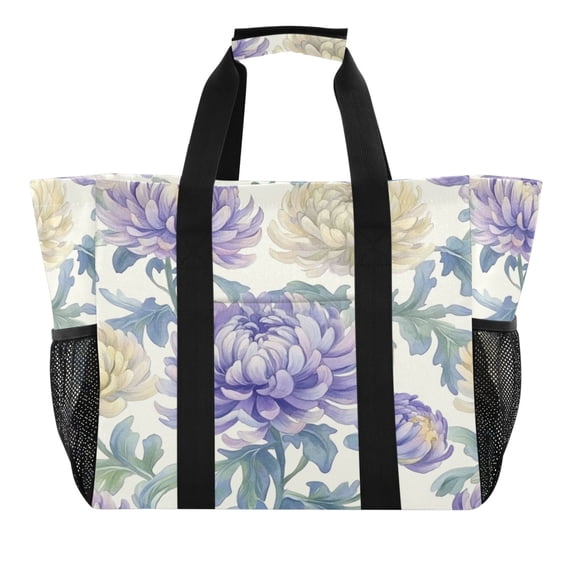 Large Hand-Held Storage Bag Kitchen Reusable Grocery Bags, Travel Tote Bags, Waterproof Tote,Laundry Bag,Beach Bag, Pool Bag Lavender Chrysanthemums