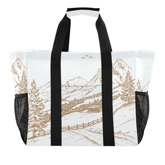 Large Hand-Held Storage Bag Kitchen Reusable Grocery Bags, Travel Tote Bags, Waterproof Tote,Laundry Bag,Beach Bag, Pool Bag Linear Mountain Scenery