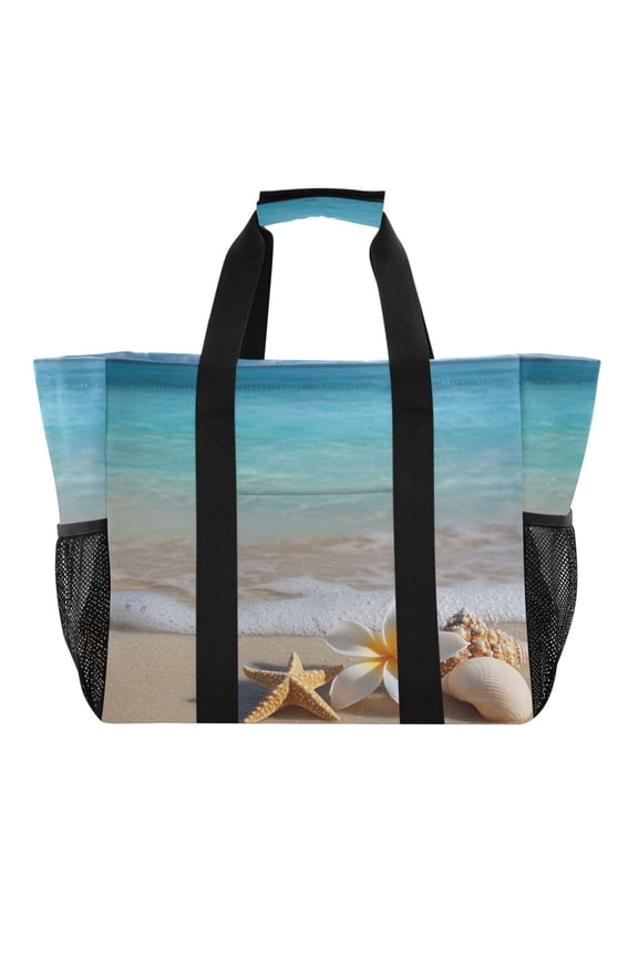 Large Hand-Held Storage Bag Kitchen Reusable Grocery Bags Travel Tote Bags Waterproof ToteLaundry BagBeach Bag Pool Bag Lovely Sea Shell