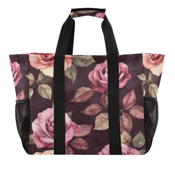 Large Hand-Held Storage Bag Kitchen Reusable Grocery Bags Travel Tote Bags Waterproof ToteLaundry BagBeach Bag Pool Bag Maroon Roses Seamless