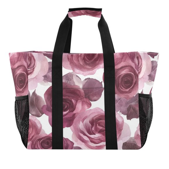 Large Hand-Held Storage Bag Kitchen Reusable Grocery Bags Travel Tote Bags Waterproof ToteLaundry BagBeach Bag Pool Bag Maroon Roses