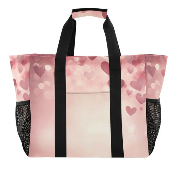 Large Hand-Held Storage Bag Kitchen Reusable Grocery Bags, Travel Tote Bags, Waterproof Tote,Laundry Bag,Beach Bag, Pool Bag Pink Background Cute Love