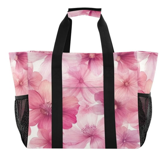 Large Hand-Held Storage Bag Kitchen Reusable Grocery Bags, Travel Tote Bags, Waterproof Tote,Laundry Bag,Beach Bag, Pool Bag Pink Flowers