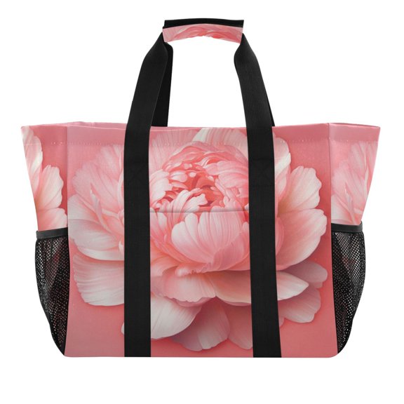 Large Hand-Held Storage Bag Kitchen Reusable Grocery Bags, Travel Tote Bags, Waterproof Tote,Laundry Bag,Beach Bag, Pool Bag Pink Oil Painting Flower