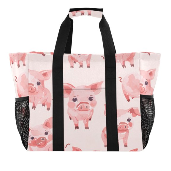 Large Hand-Held Storage Bag Kitchen Reusable Grocery Bags， Travel Tote Bags， Waterproof Tote，Laundry Bag，Beach Bag， Pool Bag Pink Pig