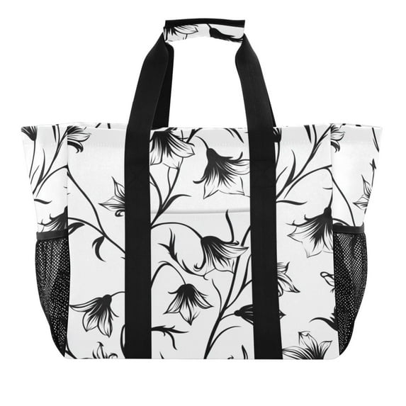 Large Hand-Held Storage Bag Kitchen Reusable Grocery Bags, Travel Tote Bags, Waterproof Tote,Laundry Bag,Beach Bag, Pool Bag Pretty Black Cartoon Flowers