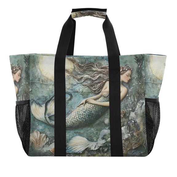 Large Hand-Held Storage Bag Kitchen Reusable Grocery Bags， Travel Tote Bags， Waterproof Tote，Laundry Bag，Beach Bag， Pool Bag Pretty Mermaid Pattern