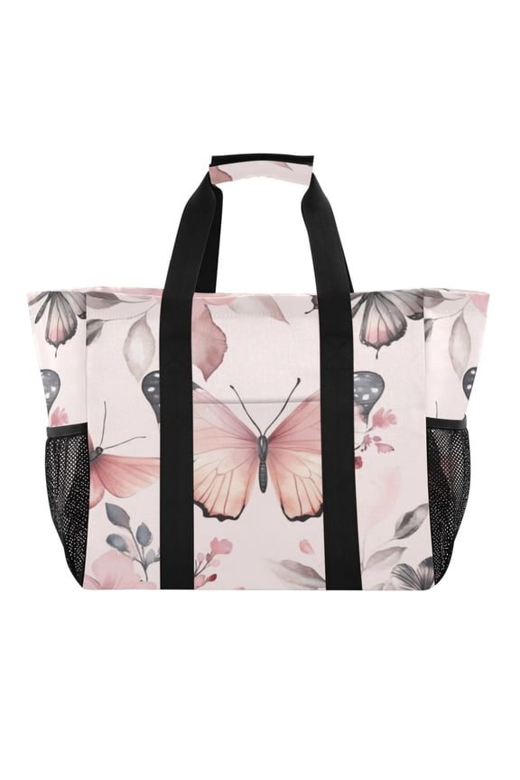 Large Hand-Held Storage Bag Kitchen Reusable Grocery Bags Travel Tote Bags Waterproof ToteLaundry BagBeach Bag Pool Bag Pretty Pink Butterfly Seamless