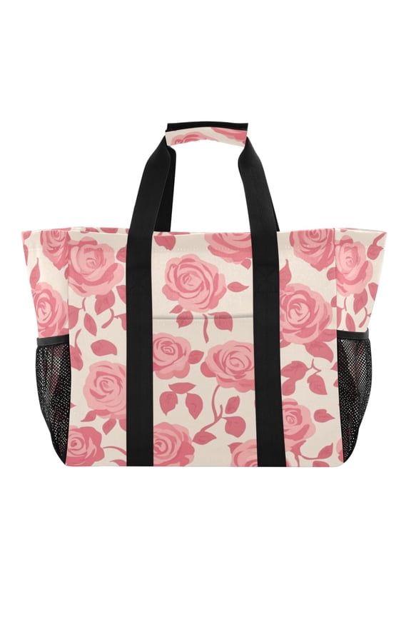 Large Hand-Held Storage Bag Kitchen Reusable Grocery Bags Travel Tote Bags Waterproof ToteLaundry BagBeach Bag Pool Bag Pretty Pink Roses Seamless