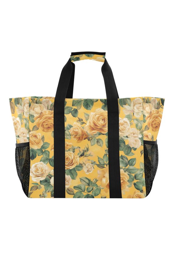 Large Hand-Held Storage Bag Kitchen Reusable Grocery Bags Travel Tote Bags Waterproof ToteLaundry BagBeach Bag Pool Bag Pretty Yellow Rose