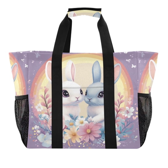 Large Hand-Held Storage Bag Kitchen Reusable Grocery Bags， Travel Tote Bags， Waterproof Tote，Laundry Bag，Beach Bag， Pool Bag Rainbow Two Cute Rabbits