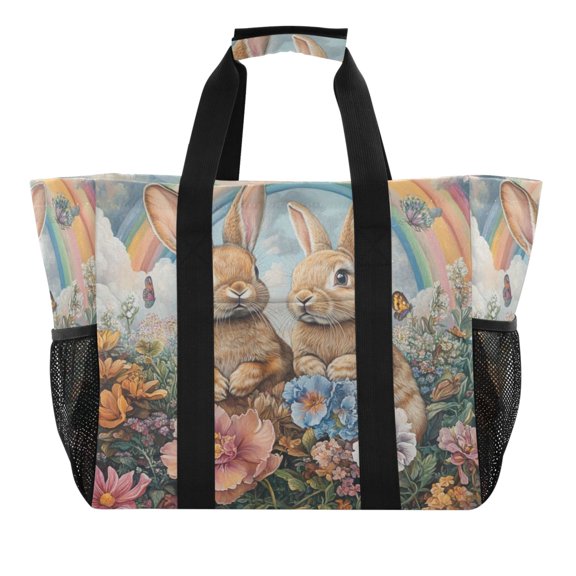 Large Hand-Held Storage Bag Kitchen Reusable Grocery Bags， Travel Tote Bags， Waterproof Tote，Laundry Bag，Beach Bag， Pool Bag Rainbow Two Rabbits
