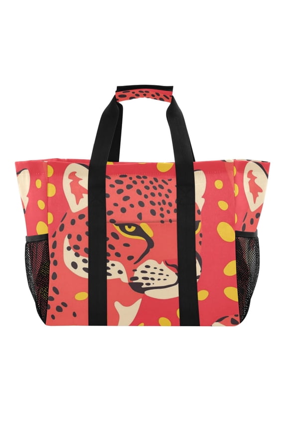 Large Hand-Held Storage Bag Kitchen Reusable Grocery Bags Travel Tote Bags Waterproof ToteLaundry BagBeach Bag Pool Bag Red Cheetah