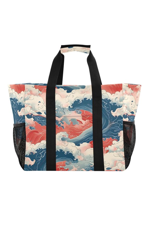 Large Hand-Held Storage Bag Kitchen Reusable Grocery Bags Travel Tote Bags Waterproof ToteLaundry BagBeach Bag Pool Bag Sea Wave