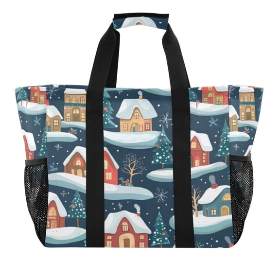 Large Hand-Held Storage Bag Kitchen Reusable Grocery Bags， Travel Tote Bags， Waterproof Tote，Laundry Bag，Beach Bag， Pool Bag Snowflake House