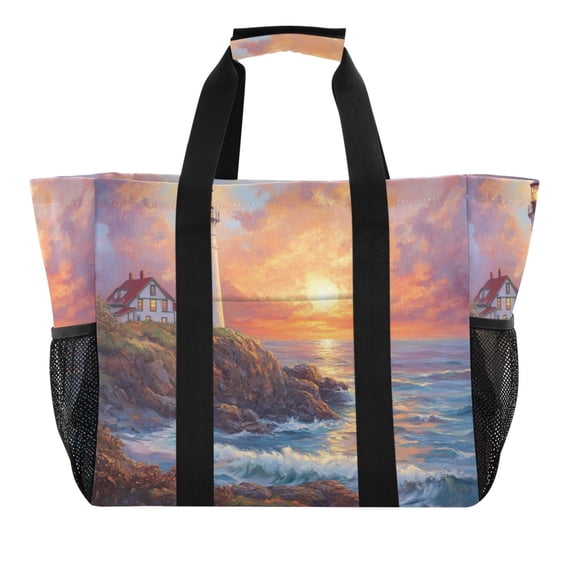 Large Hand-Held Storage Bag Kitchen Reusable Grocery Bags, Travel Tote Bags, Waterproof Tote,Laundry Bag,Beach Bag, Pool Bag Sunset Lighthouse