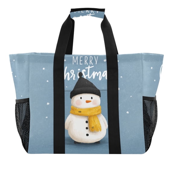 Large Hand-Held Storage Bag Kitchen Reusable Grocery Bags, Travel Tote Bags, Waterproof Tote,Laundry Bag,Beach Bag, Pool Bag White Christmas Snowman