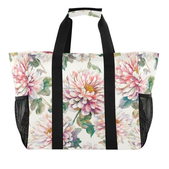 Large Hand-Held Storage Bag Kitchen Reusable Grocery Bags, Travel Tote Bags, Waterproof Tote,Laundry Bag,Beach Bag, Pool Bag White Chrysanthemums