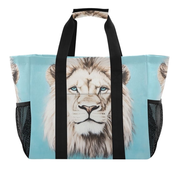 Large Hand-Held Storage Bag Kitchen Reusable Grocery Bags， Travel Tote Bags， Waterproof Tote，Laundry Bag，Beach Bag， Pool Bag White Lion Face Pattern