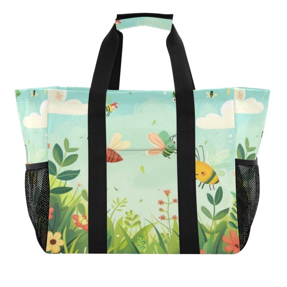 Large Hand-Held Storage Bag Kitchen Reusable Grocery Bags Travel Tote Bags Waterproof ToteLaundry BagBeach Bag Pool Bag Yellow Bees and Pink Bees