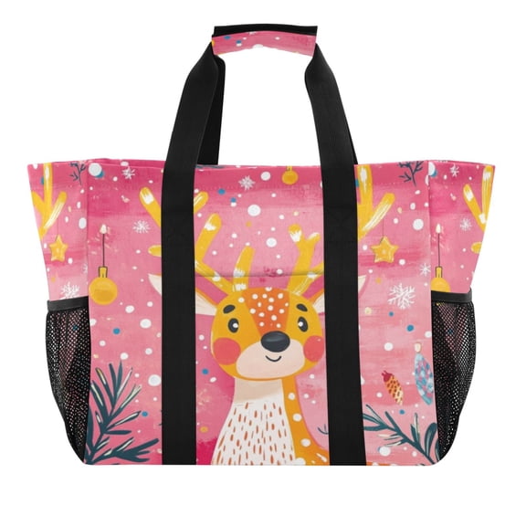 Large Hand-Held Storage Bag Kitchen Reusable Grocery Bags， Travel Tote Bags， Waterproof Tote，Laundry Bag，Beach Bag， Pool Bag Yellow Christmas Deer