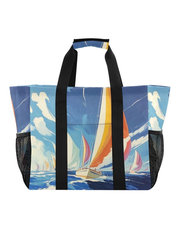 Large Hand-Held Storage Bag Kitchen Reusable Grocery Bags Travel Tote Bags Waterproof ToteLaundry BagBeach Bag Pool Bag Yellow Rowing Boat