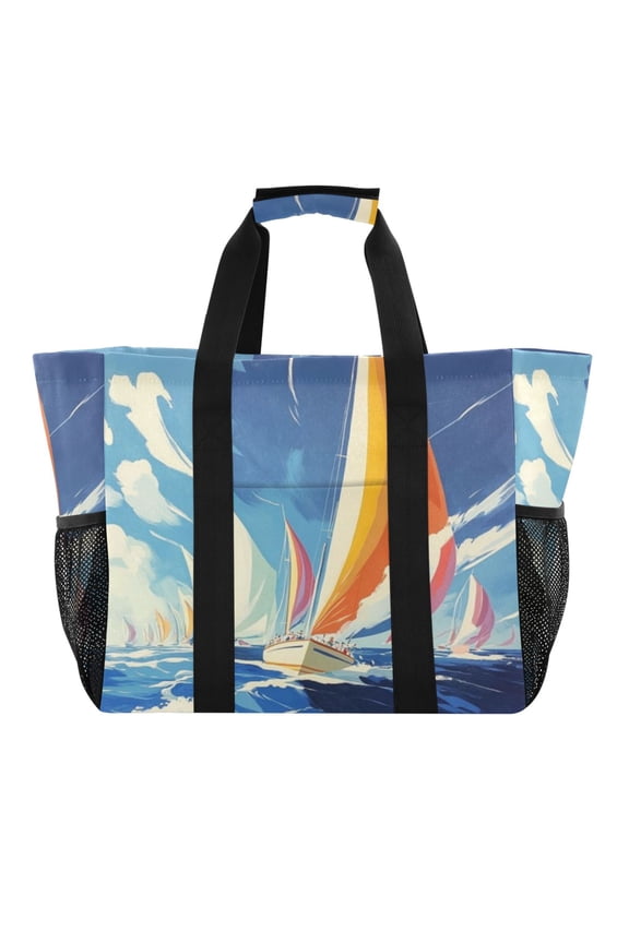 Large Hand-Held Storage Bag Kitchen Reusable Grocery Bags Travel Tote Bags Waterproof ToteLaundry BagBeach Bag Pool Bag Yellow Rowing Boat