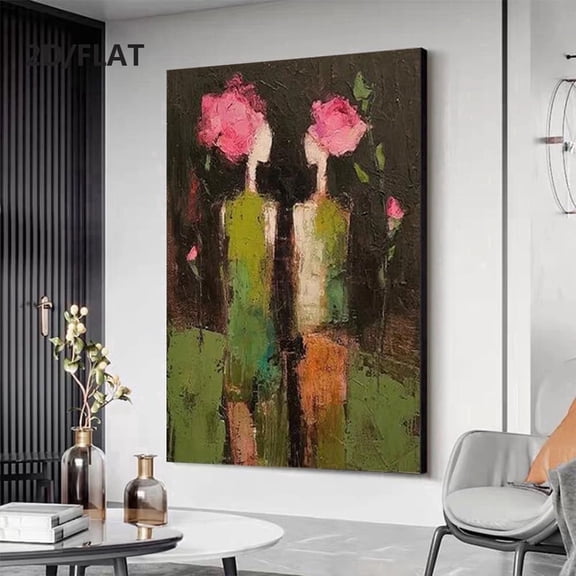 Large Abstract - Brown Green Sisters Flower & Figure Wall Art, Modern Large Mural for Living Room, Frameless Green & Brown Canvas Art