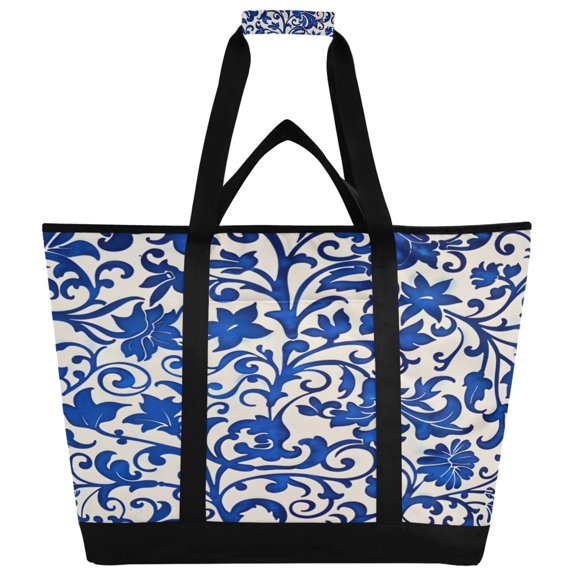 Large Hand-held Ice Pack Picnic Bag Insulation and Refrigeration Suitable for Shopping Picnics and Camping Blue Flower