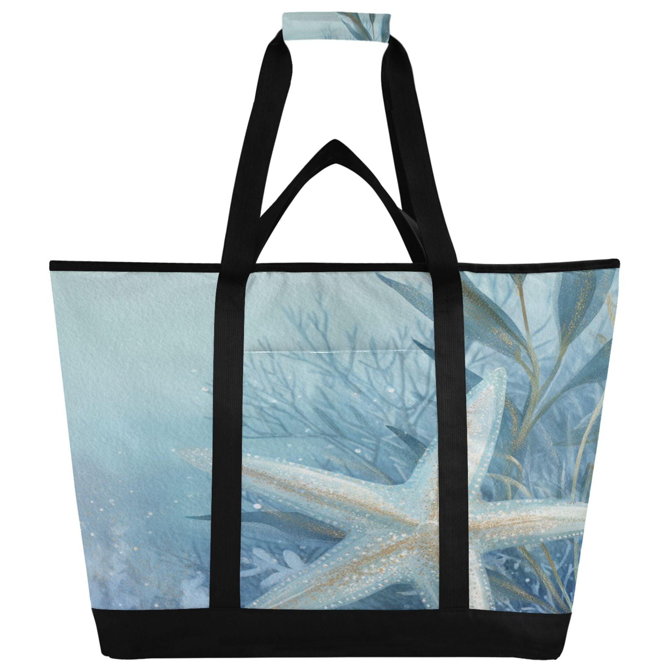 Large Hand-held Ice Pack Picnic Bag Insulation and Refrigeration Suitable for Shopping Picnics and Camping Blue Starfish Pattern