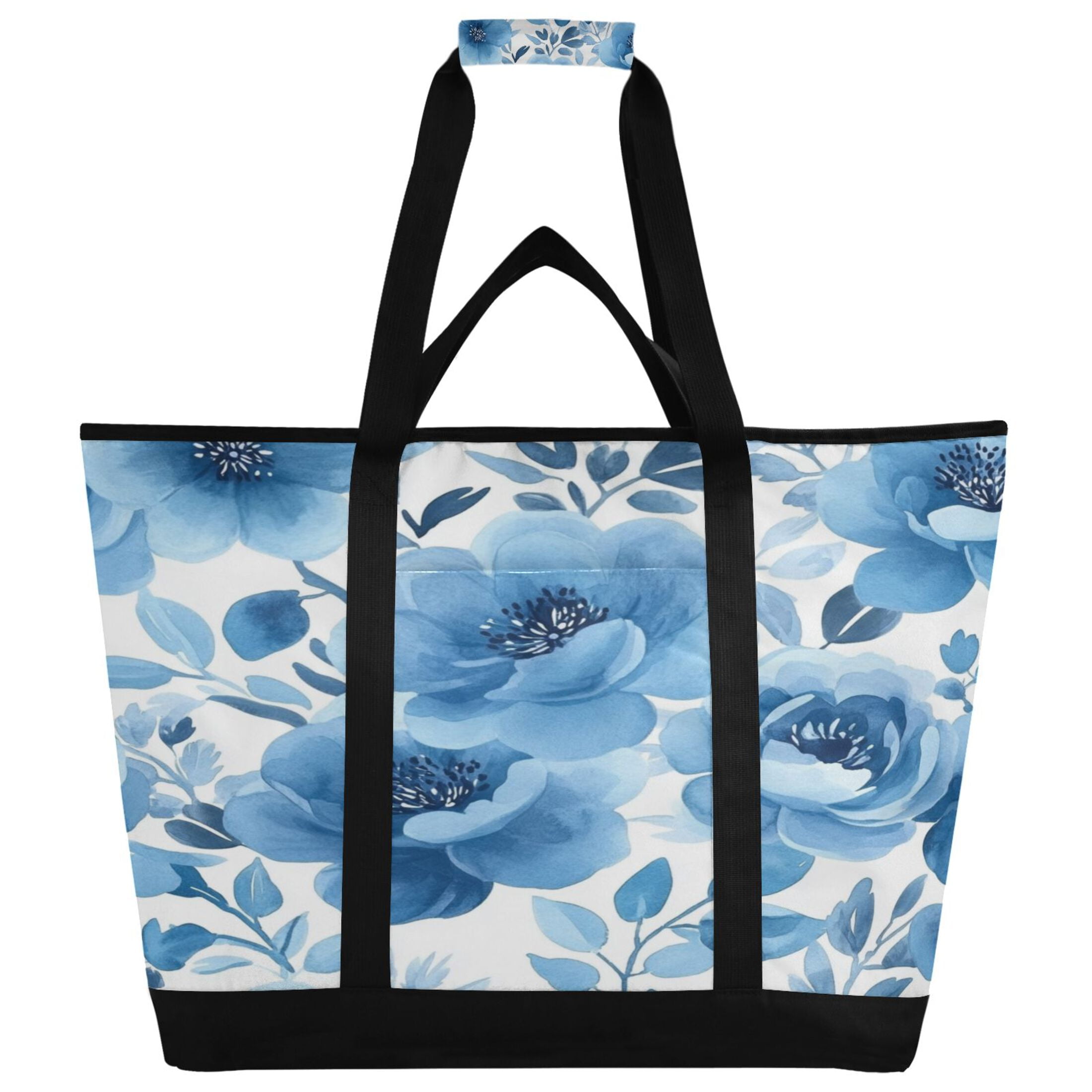 Large Hand-held Ice Pack Picnic Bag Insulation and Refrigeration Suitable for Shopping Picnics and Camping Cartoon Blue Flower