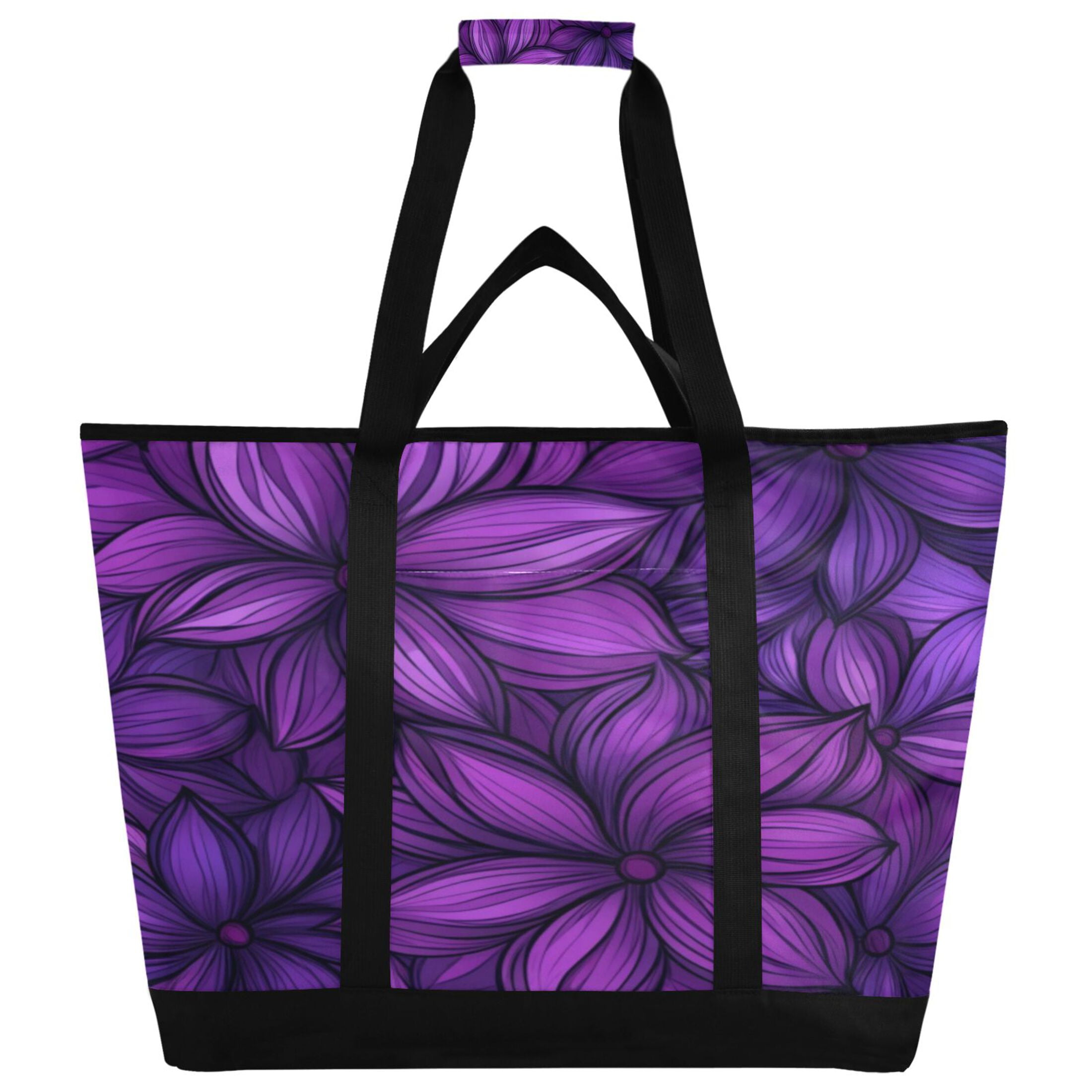 Large Hand-held Ice Pack Picnic Bag Insulation and Refrigeration Suitable for Shopping Picnics and Camping Large Purple Flower Pattern