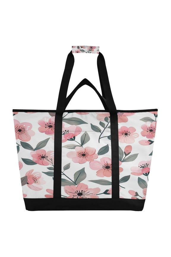 Large Hand-held Ice Pack Picnic Bag Insulation and Refrigeration Suitable for Shopping Picnics and Camping Light Pink Wild Flowers